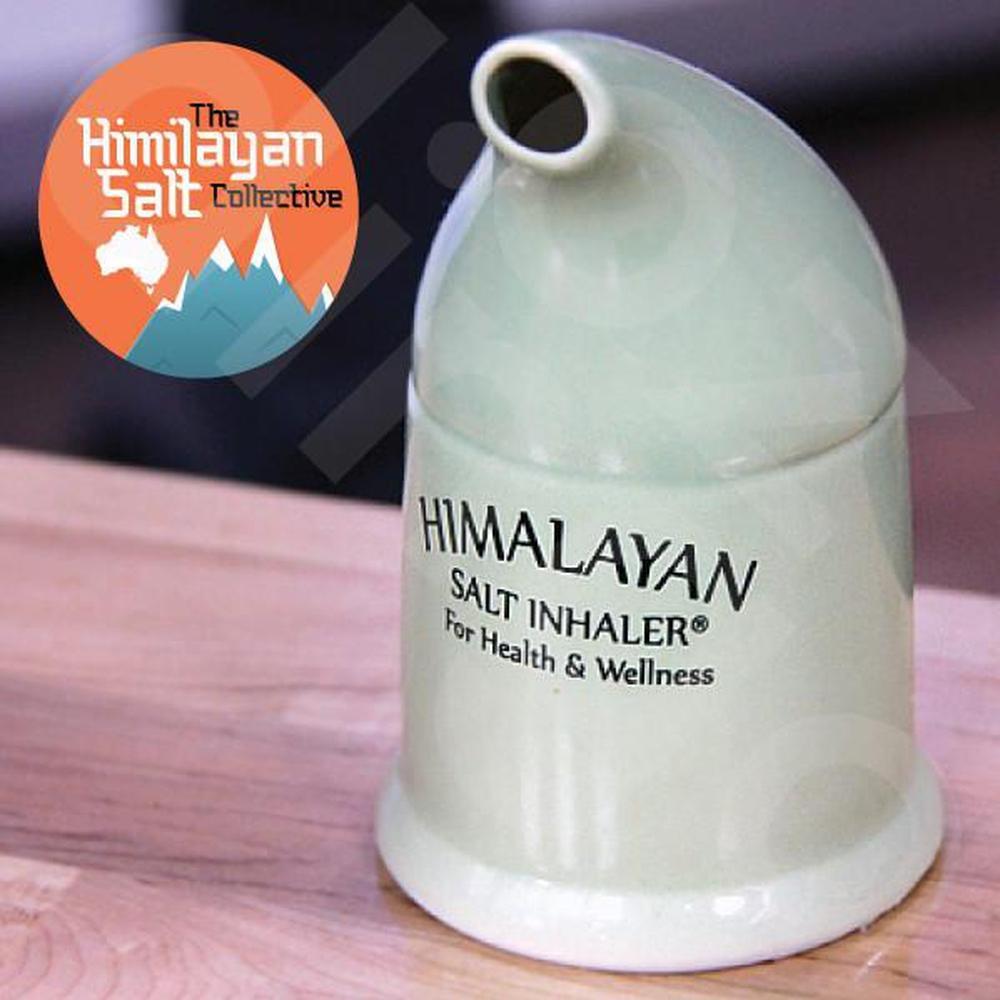 Himalayan Pink Salt Inhaler Pipe with 125g coarse salt, showcasing its porcelain design and salt chamber.