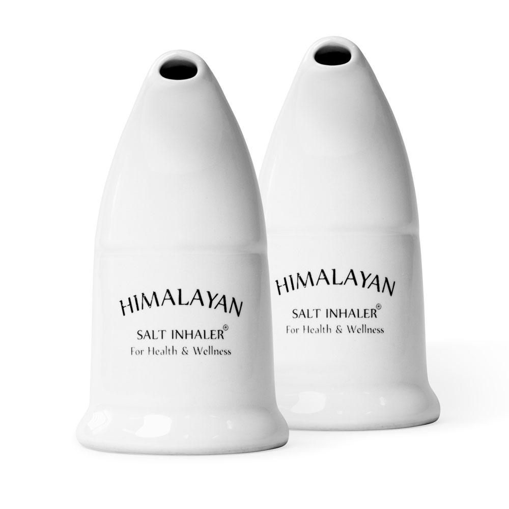 Himalayan Pink Salt Inhaler Pipe with 125g coarse salt, showcasing its porcelain design and salt chamber.