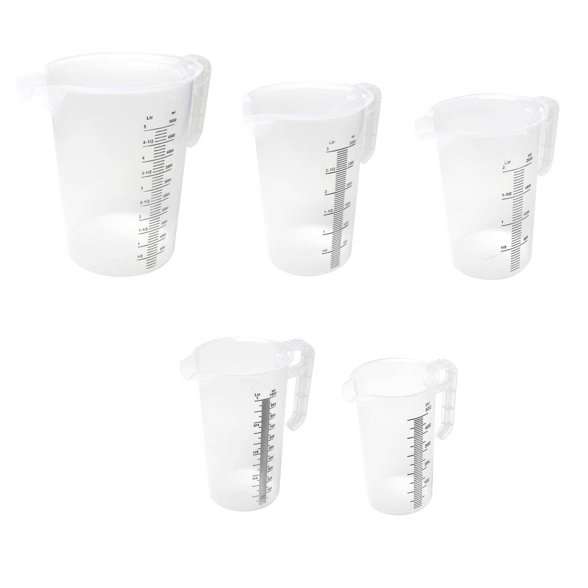 Pro-Jug™ Bulk Measuring Jugs in various sizes, showcasing clear measurement increments and sturdy handles, ideal for food and chemical measuring.