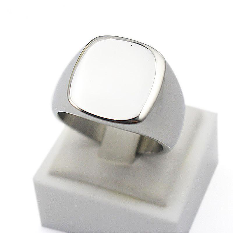 Custom design silver ring made of polished 316L stainless steel, featuring a shiny high polish finish and square surface.