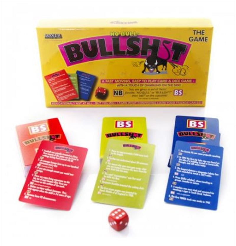 A colorful box of the Bullshit Game featuring cards and dice, perfect for party fun.