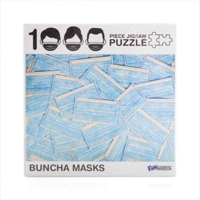 Buncha Masks 1000 Piece Jigsaw Puzzle featuring blue medical masks design, laid out on a table with some pieces scattered around.