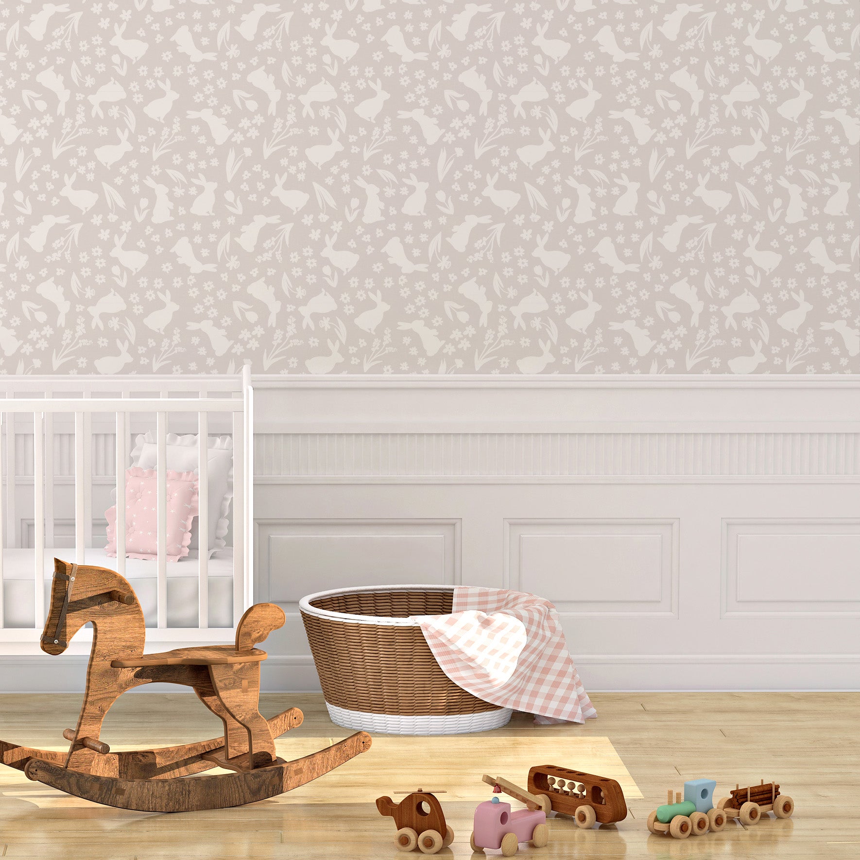 Bunny Bouquet Wallpaper featuring vibrant floral patterns on a smooth surface, ideal for modern home decor.