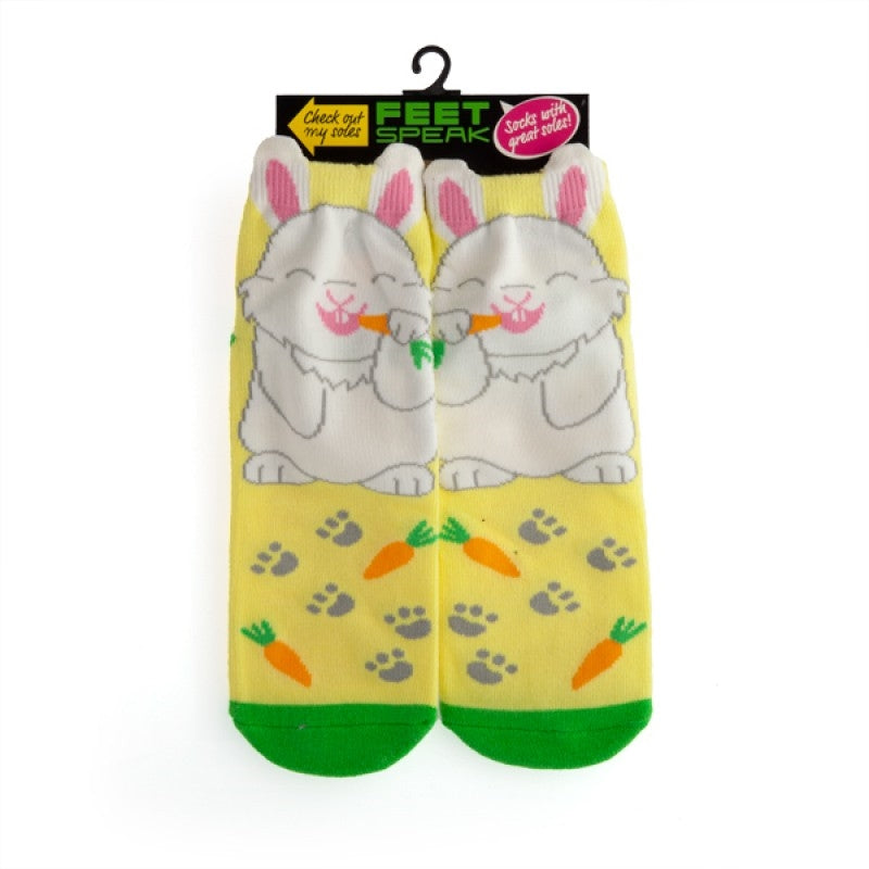 Bunny Feet Speak Socks featuring bunny ears, carrot designs, and anti-slip soles with the phrase 'BRING SNACKS'.