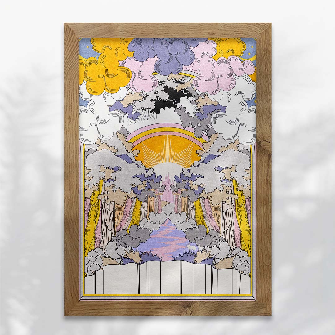 Bunny Land Pastel Art Print featuring whimsical rabbits in a dreamlike forest with a castle in the background.