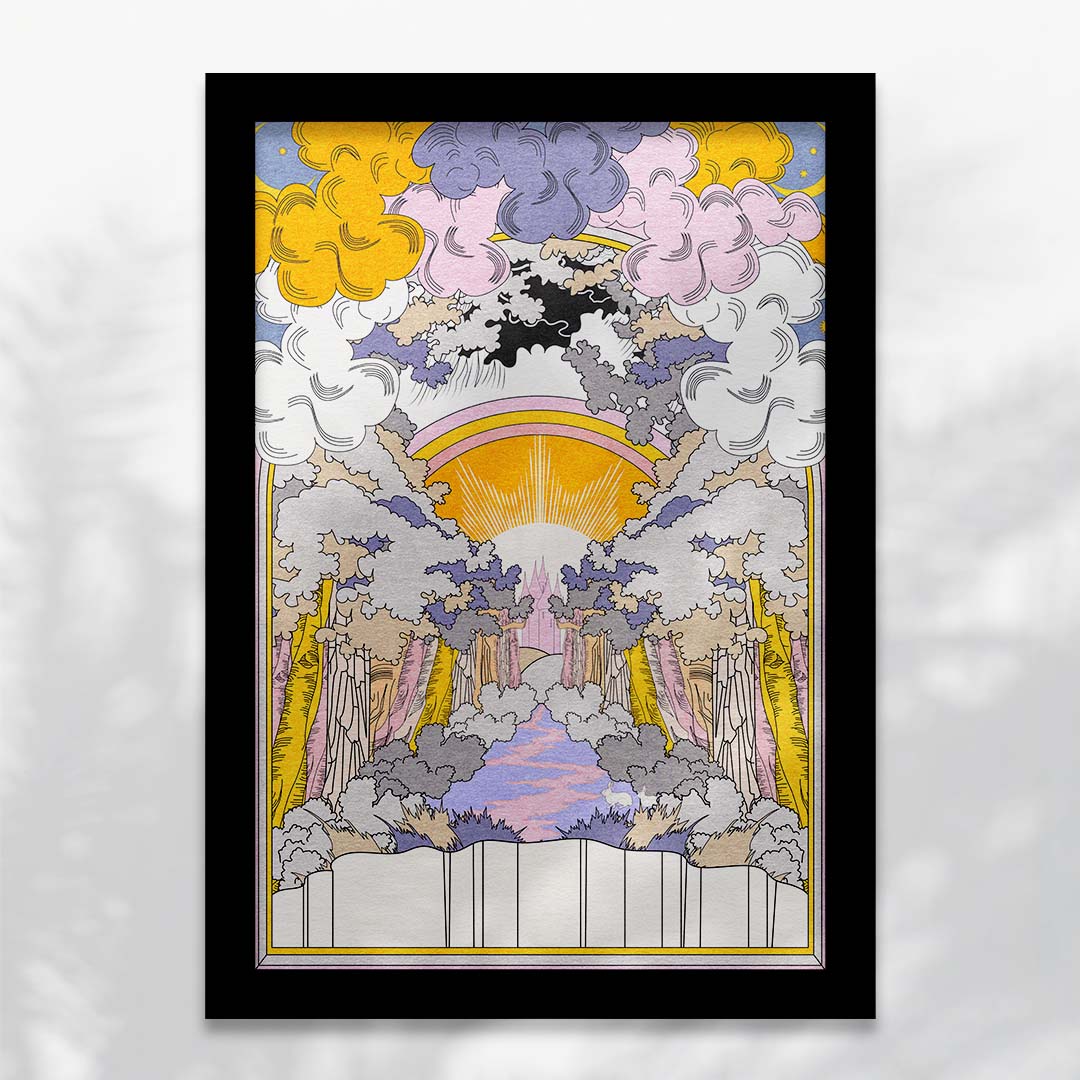 Bunny Land Pastel Art Print featuring whimsical rabbits in a dreamlike forest with a castle in the background.