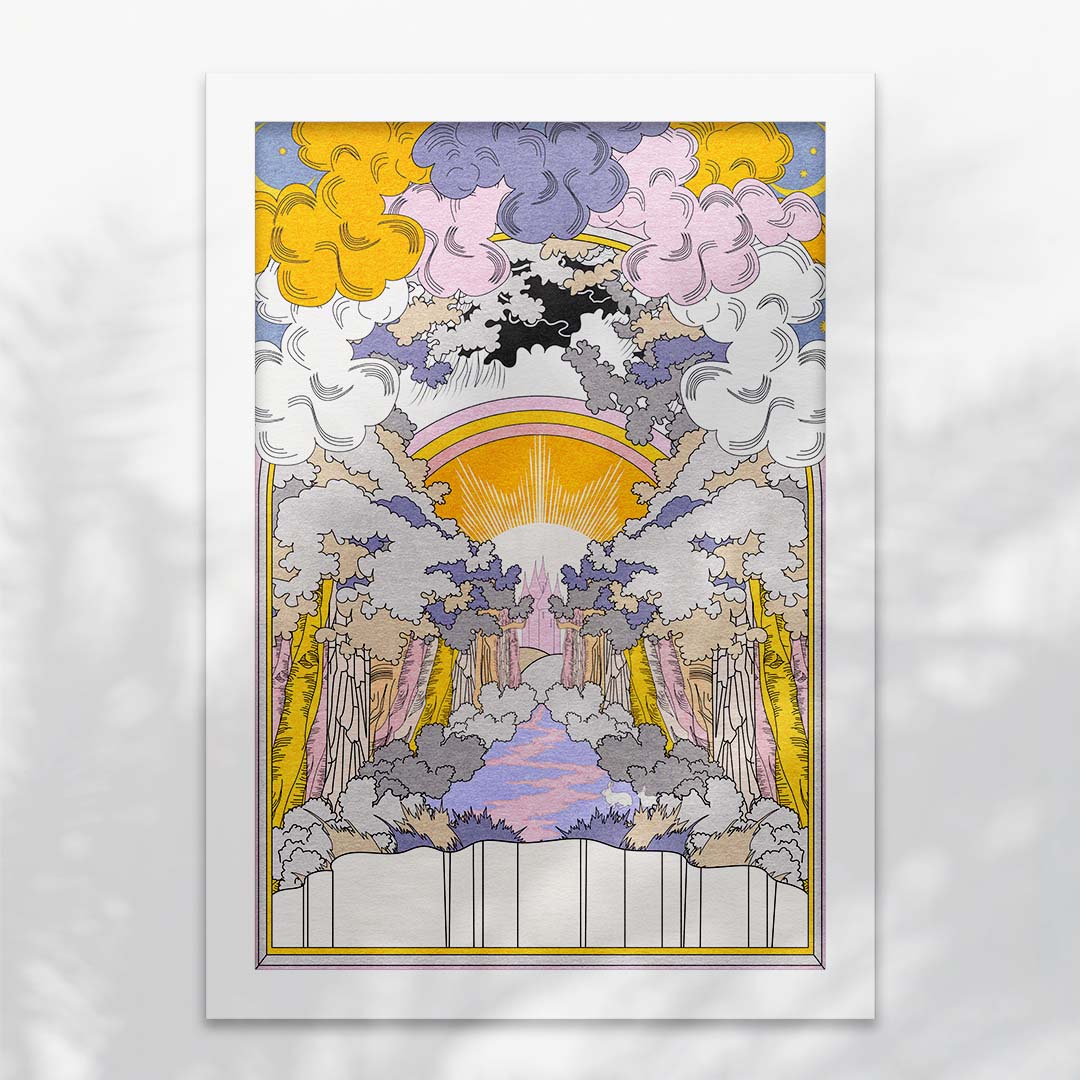 Bunny Land Pastel Art Print featuring whimsical rabbits in a dreamlike forest with a castle in the background.