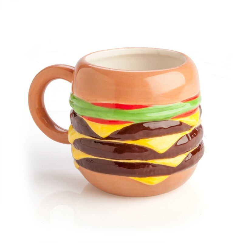 A whimsical burger-shaped coffee mug, perfect for adding fun to your coffee breaks.