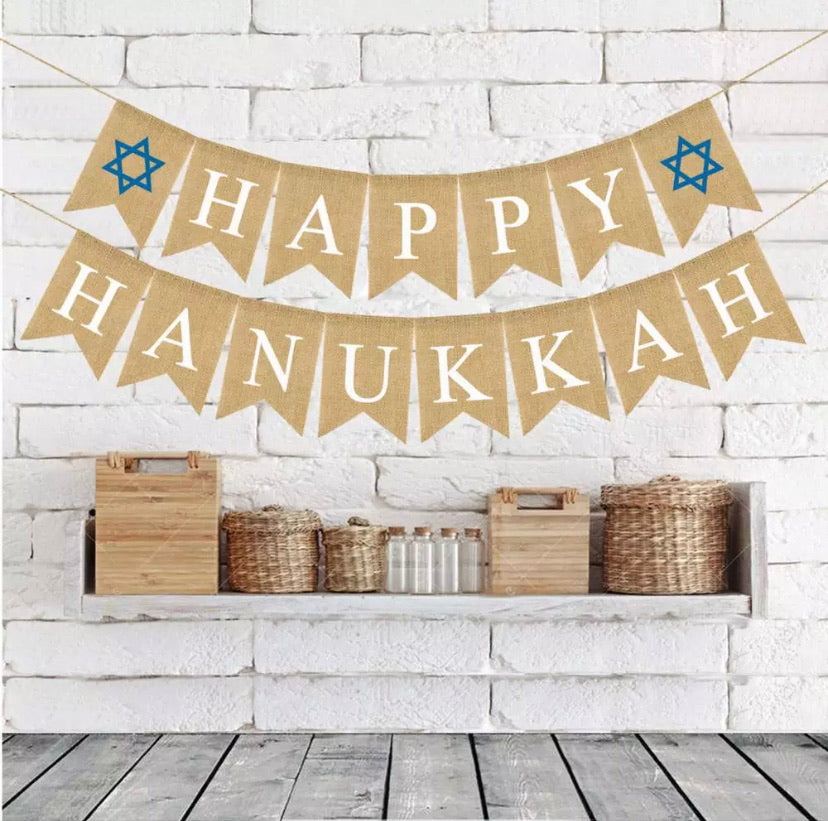 Burlap Hanukkah Banner with beige flags displaying 'Happy Hanukkah' in festive colors, pre-strung for easy hanging.