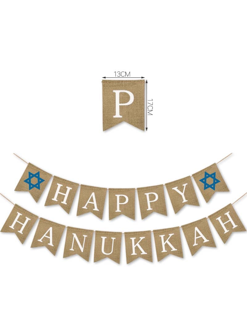 Burlap Hanukkah Banner with beige flags displaying 'Happy Hanukkah' in festive colors, pre-strung for easy hanging.