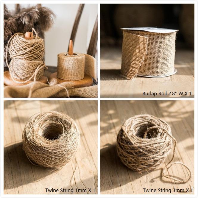 Burlap Roll and Twine String Set of 3 featuring a natural khaki color, ideal for crafting and DIY projects.