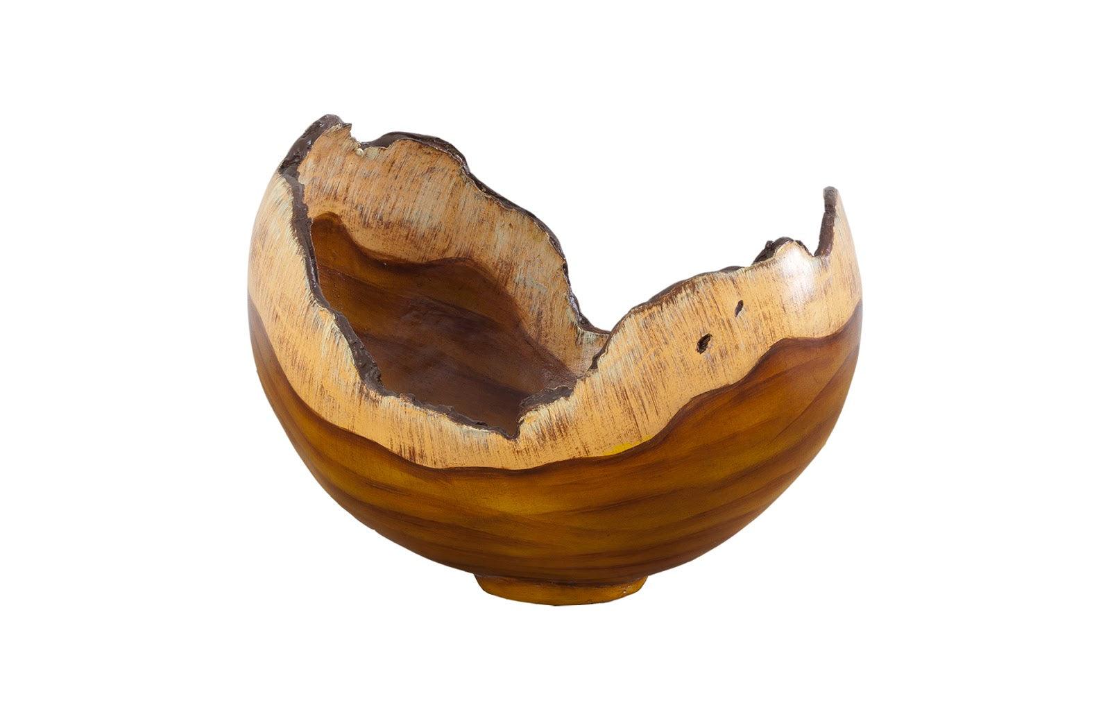 Burled Dark Faux Wood Bowl showcasing intricate woodgrain patterns and a rich dark finish, perfect for modern decor.