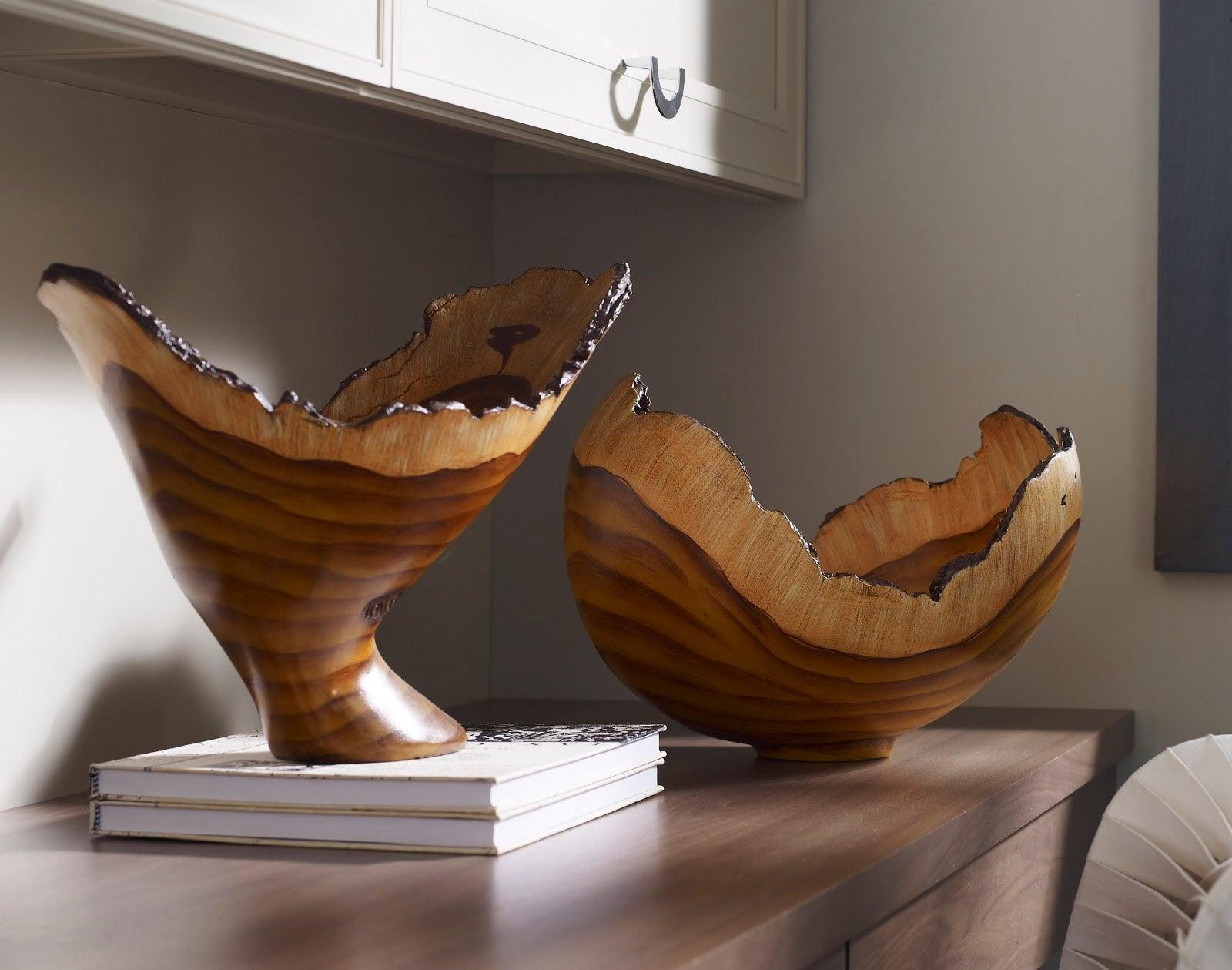 Burled Dark Faux Wood Bowl showcasing intricate woodgrain patterns and a rich dark finish, perfect for modern decor.