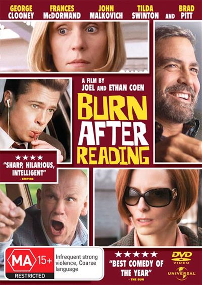 DVD cover of 'Burn After Reading' featuring the Coen Brothers' comedic thriller with a collage of main characters.