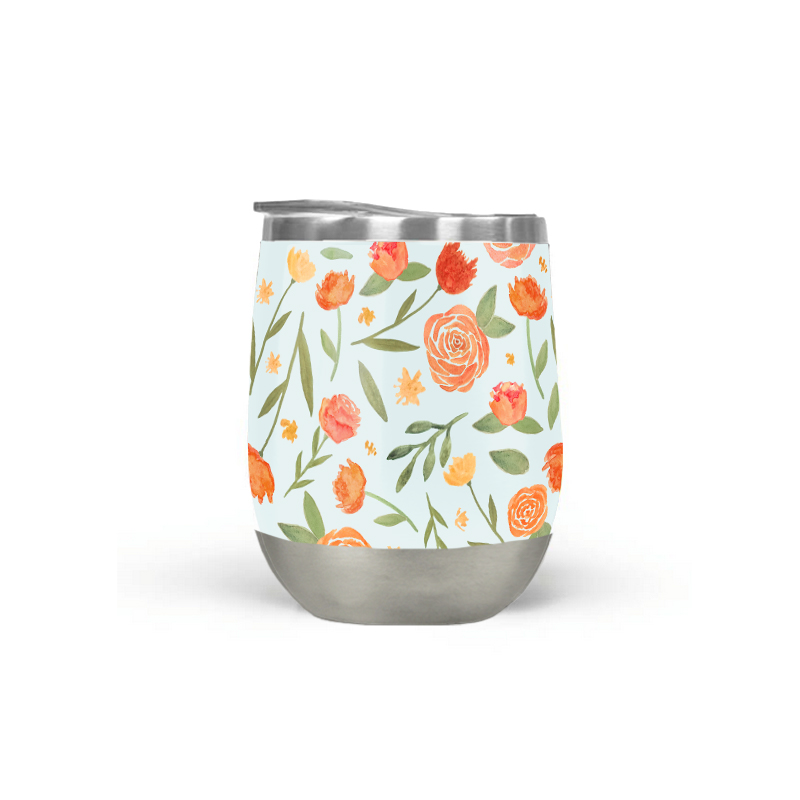 Burnt orange floral wine tumbler with double-wall insulation, perfect for outdoor use.