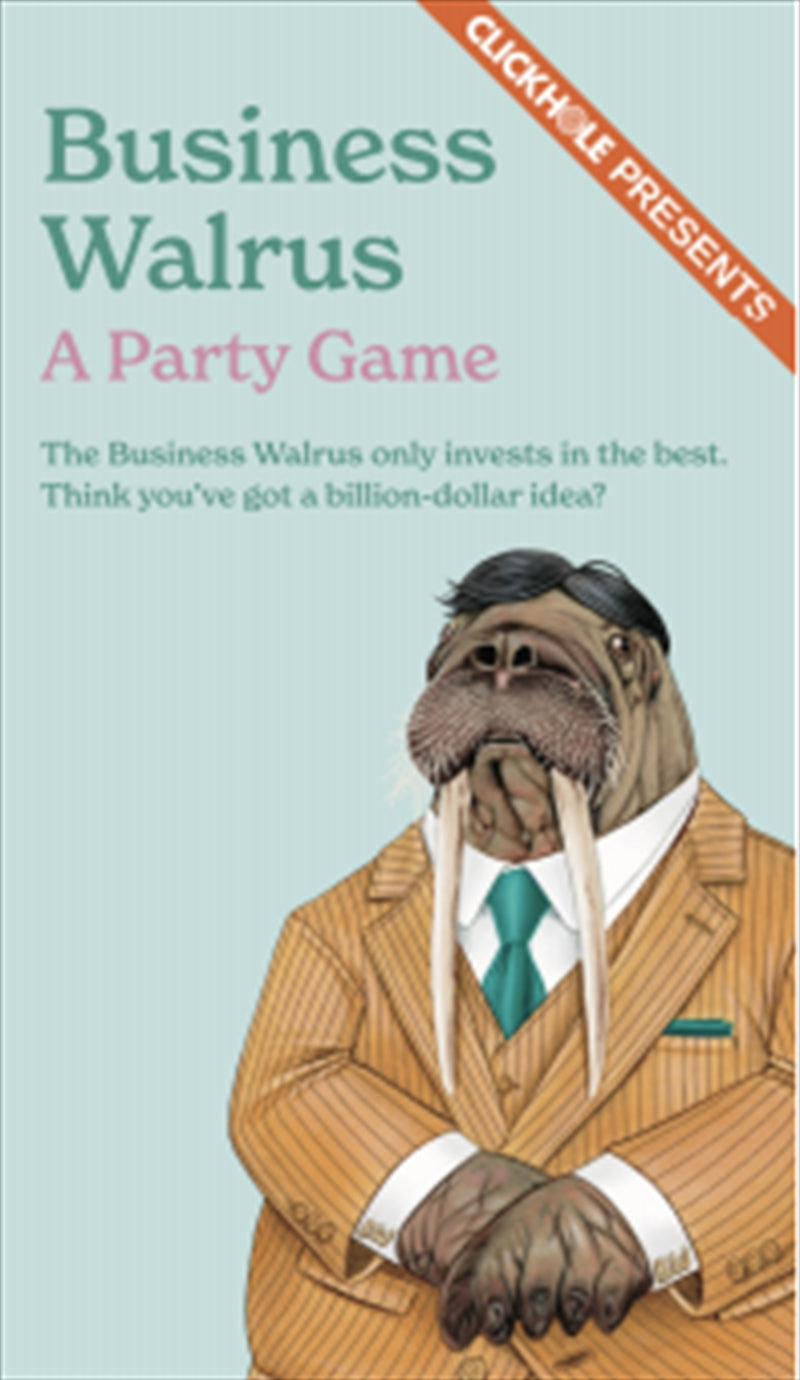 A colorful box of the Business Walrus party game featuring whimsical illustrations of the walrus character and game components.