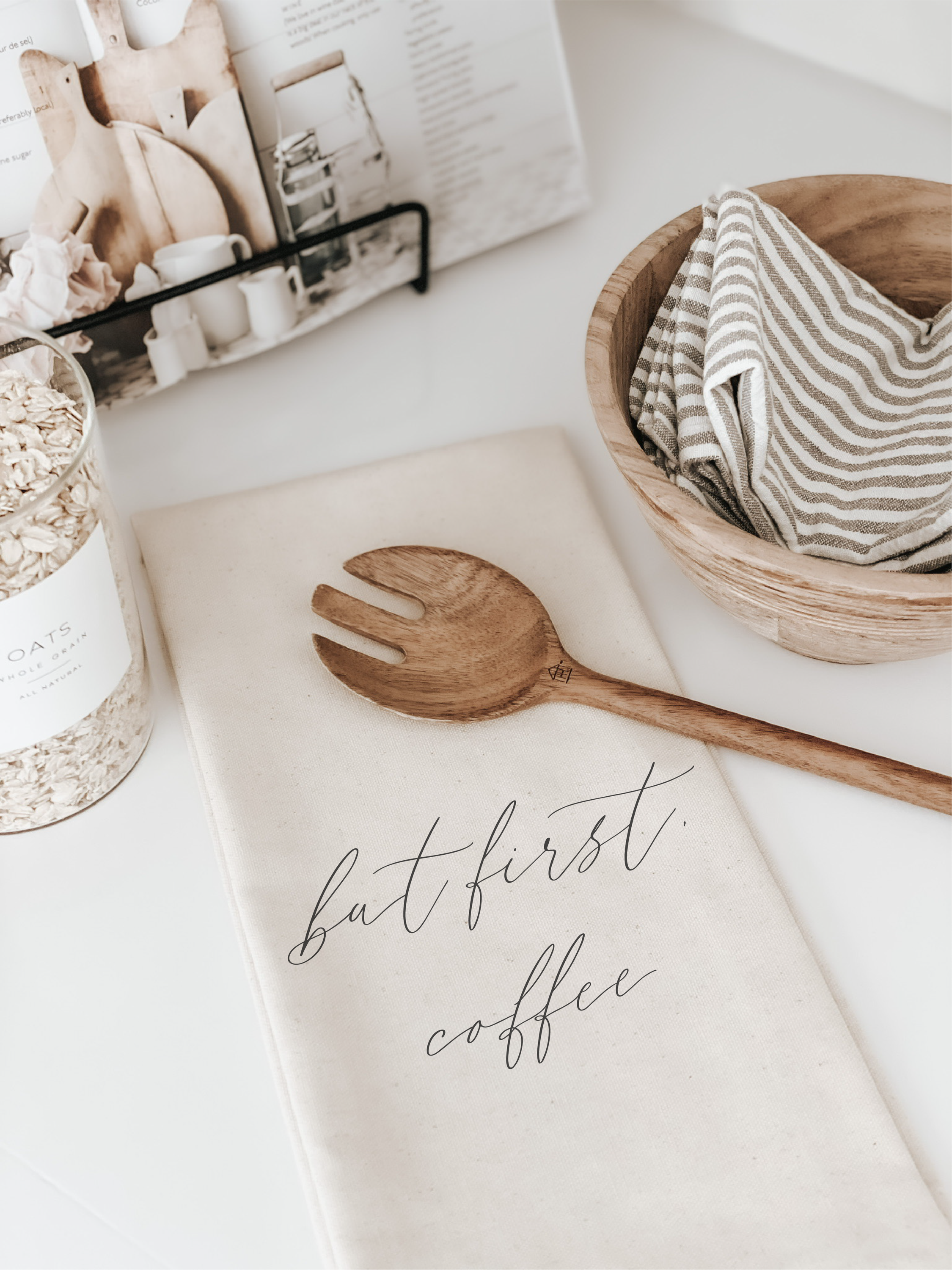 But First, Coffee Kitchen Towel made of organic cotton, featuring a stylish coffee-themed design in white and natural colors.