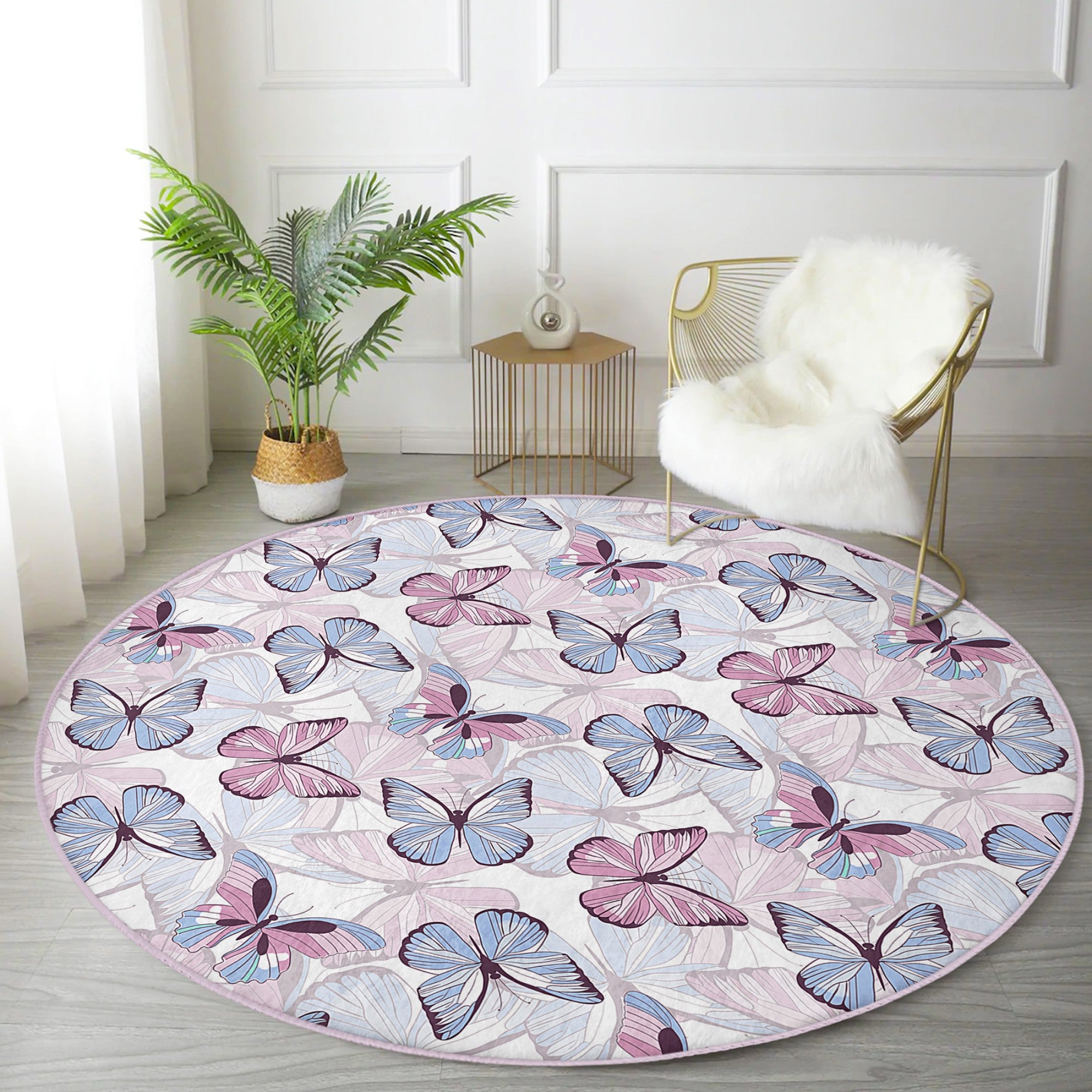 A beautifully designed round rug featuring a vibrant butterflies pattern, made from soft velvet fabric, perfect for bedroom decor.