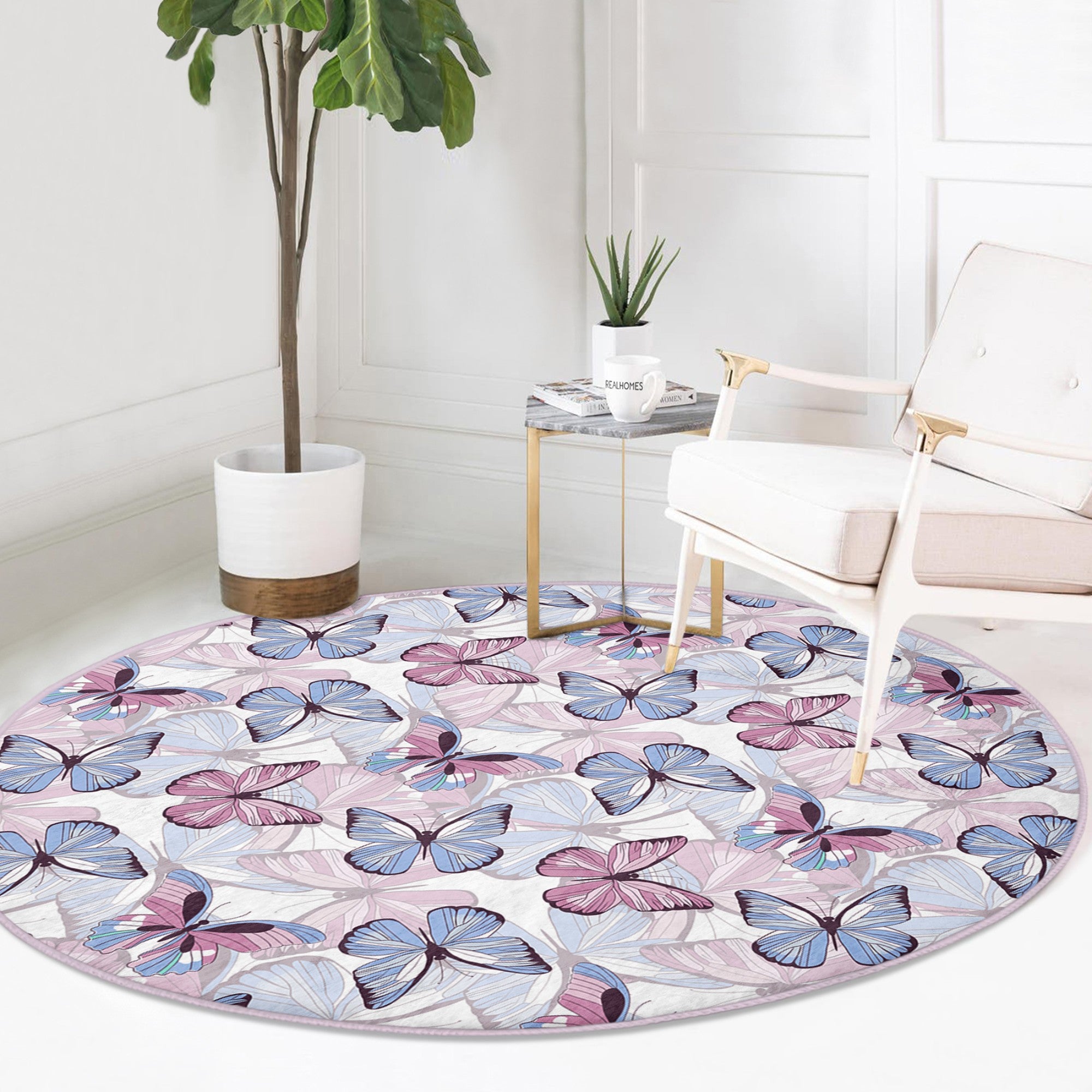 A beautifully designed round rug featuring a vibrant butterflies pattern, made from soft velvet fabric, perfect for bedroom decor.