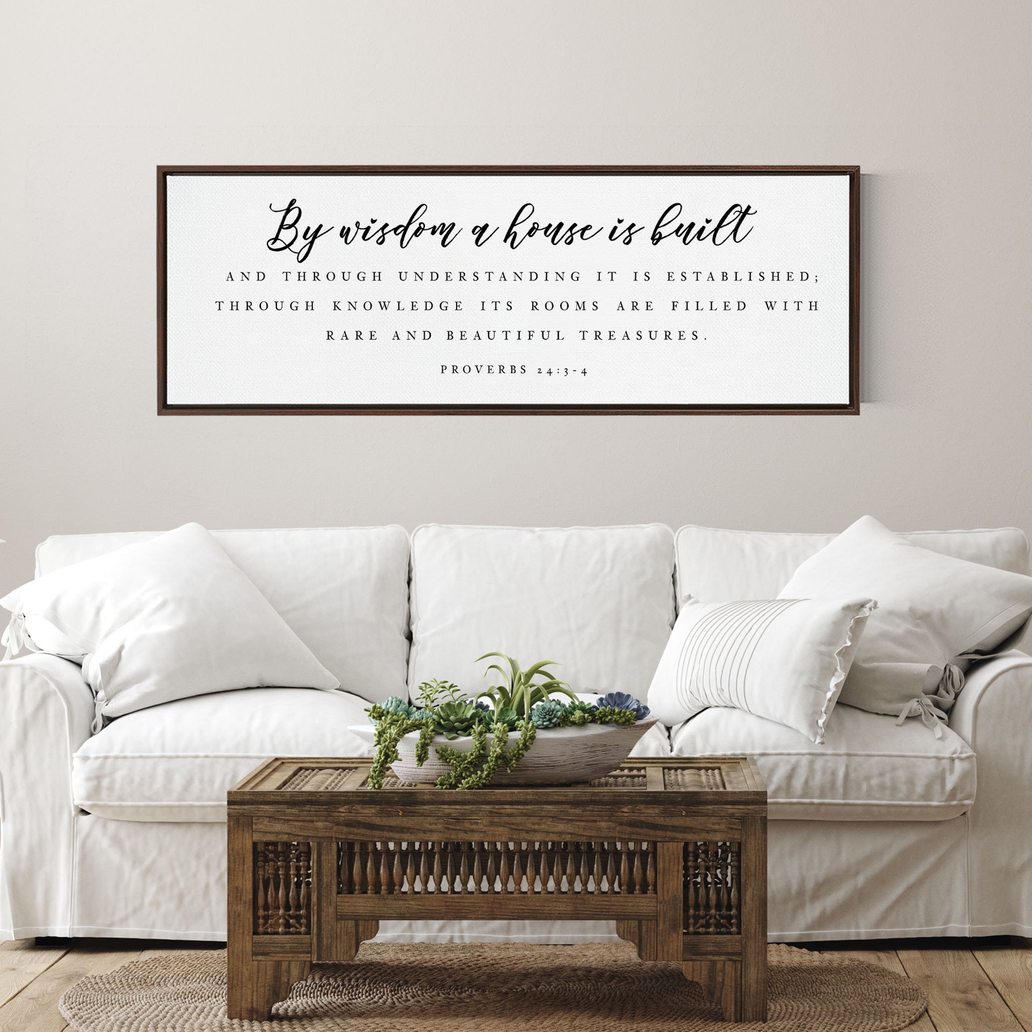 By Wisdom A House Is Built wall art featuring Proverbs 24:3-4, printed on high-quality canvas, available in various sizes and styles.