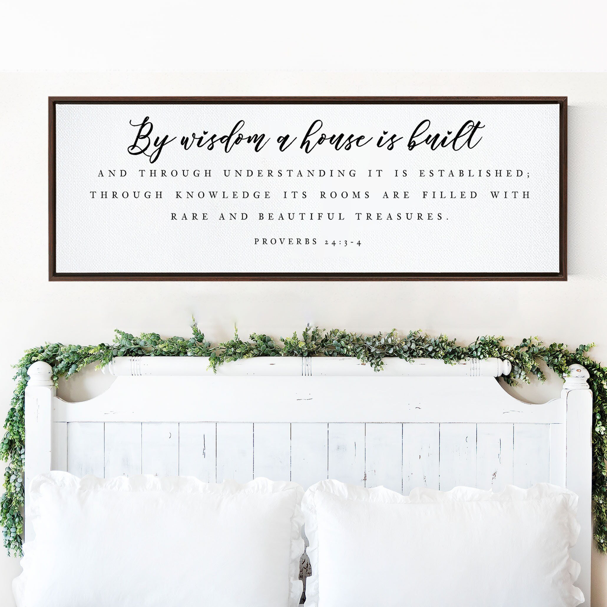 By Wisdom A House Is Built wall art featuring Proverbs 24:3-4, printed on high-quality canvas, available in various sizes and styles.