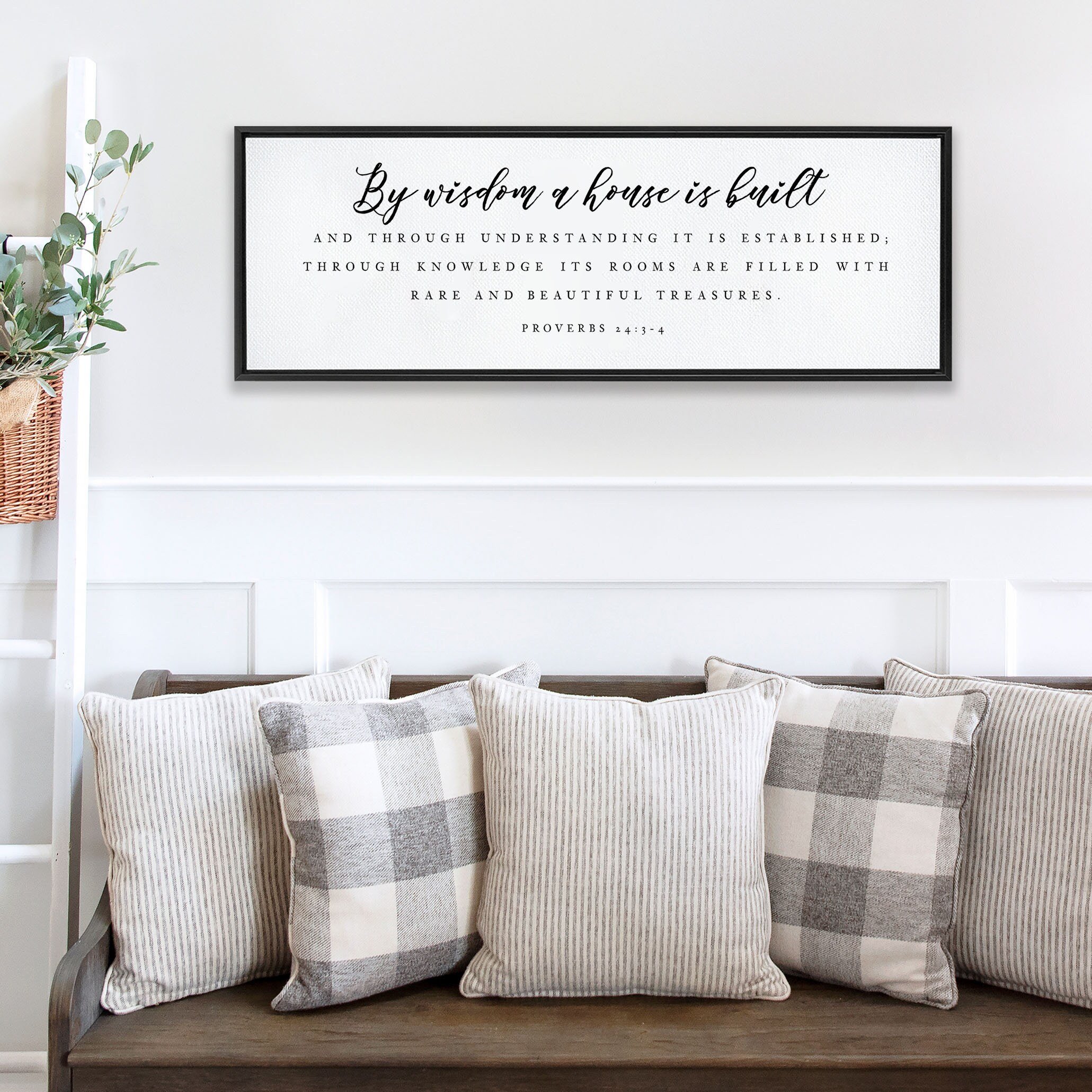 By Wisdom A House Is Built wall art featuring Proverbs 24:3-4, printed on high-quality canvas, available in various sizes and styles.