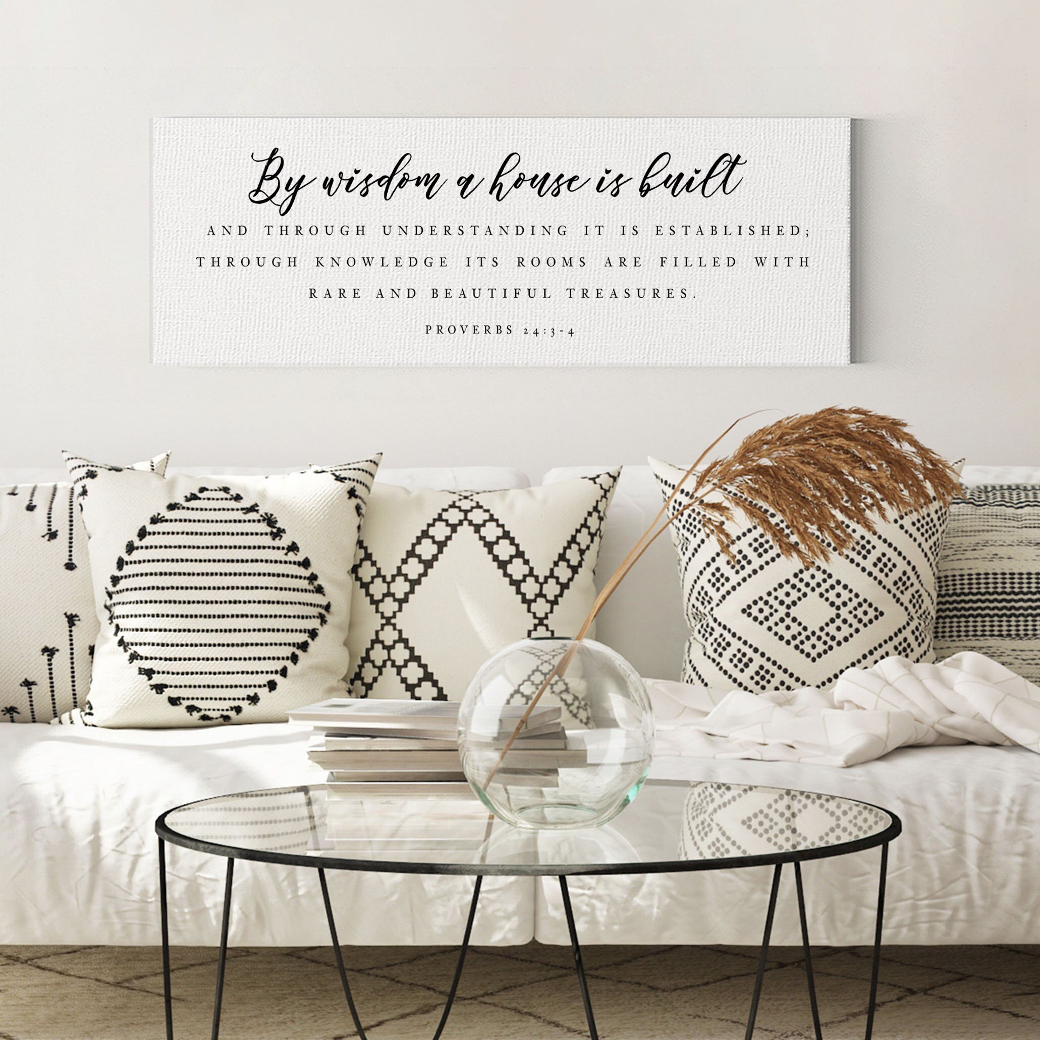 By Wisdom A House Is Built wall art featuring Proverbs 24:3-4, printed on high-quality canvas, available in various sizes and styles.