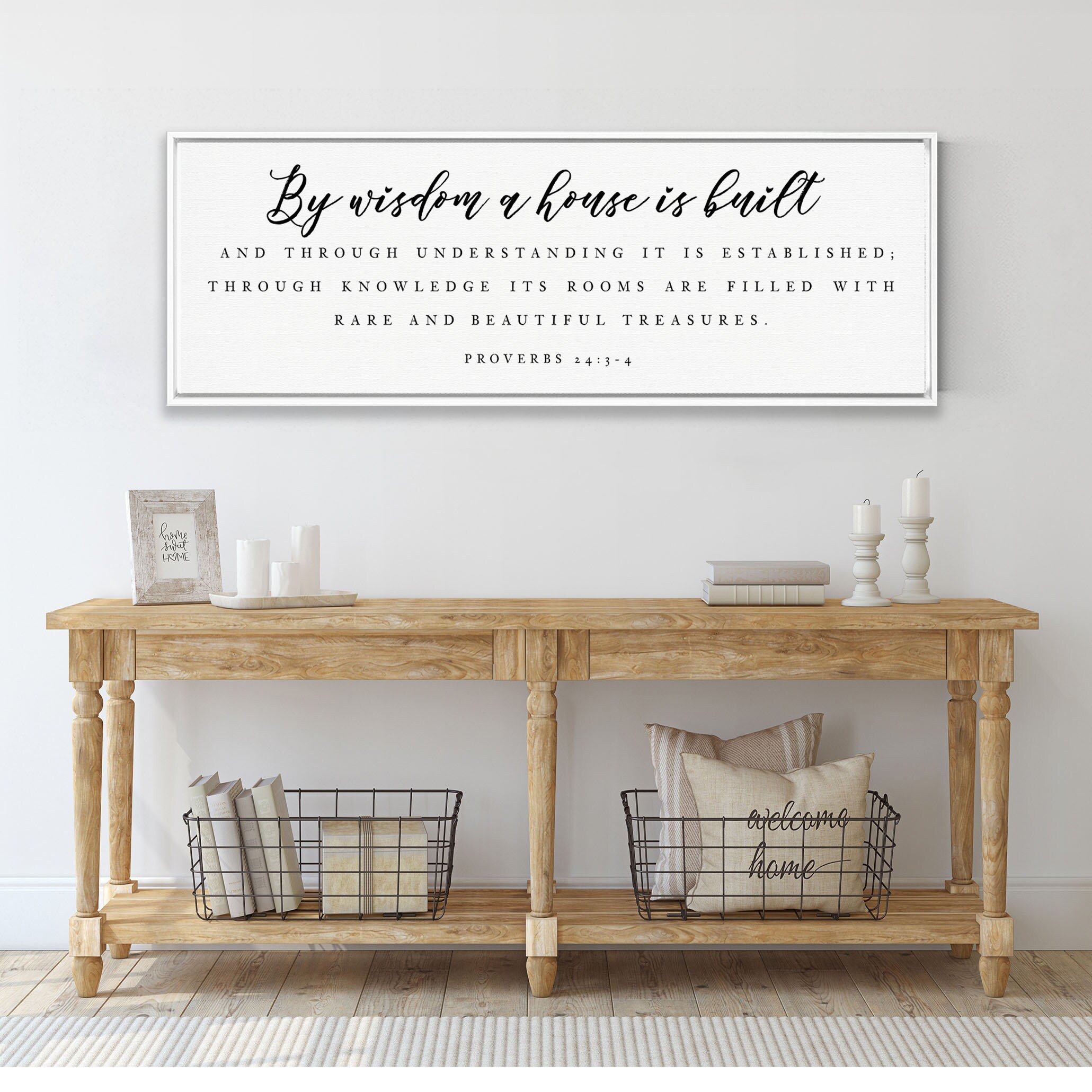 By Wisdom A House Is Built wall art featuring Proverbs 24:3-4, printed on high-quality canvas, available in various sizes and styles.