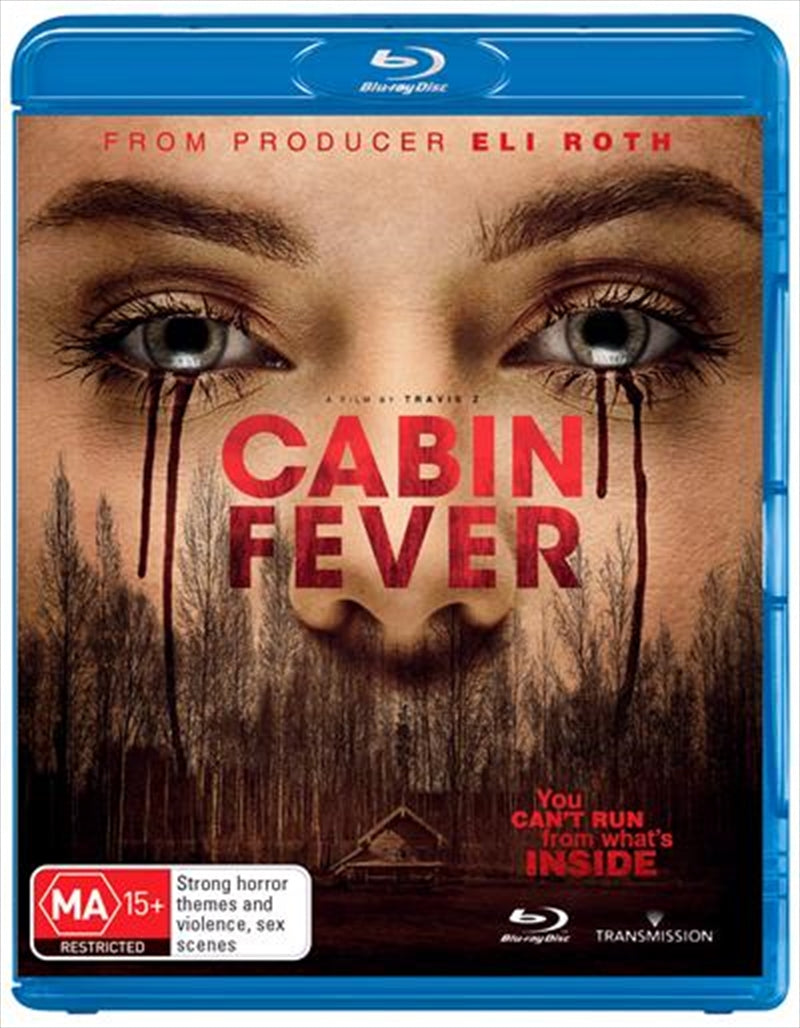 Cabin Fever Blu-ray cover featuring a group of friends in a dark forest with eerie visuals.