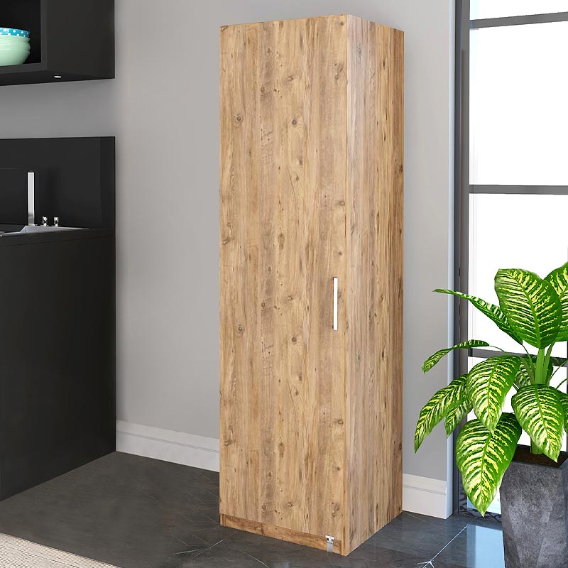 Cabinet THOMAS made of melamine atlantic pine, featuring four large shelves and a rolling door, measuring 45x42x160cm.