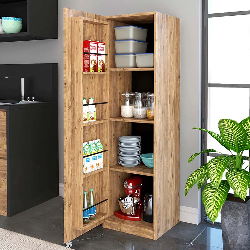 Cabinet THOMAS made of melamine atlantic pine, featuring four large shelves and a rolling door, measuring 45x42x160cm.