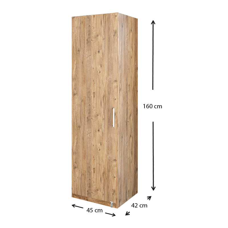 Cabinet THOMAS made of melamine atlantic pine, featuring four large shelves and a rolling door, measuring 45x42x160cm.