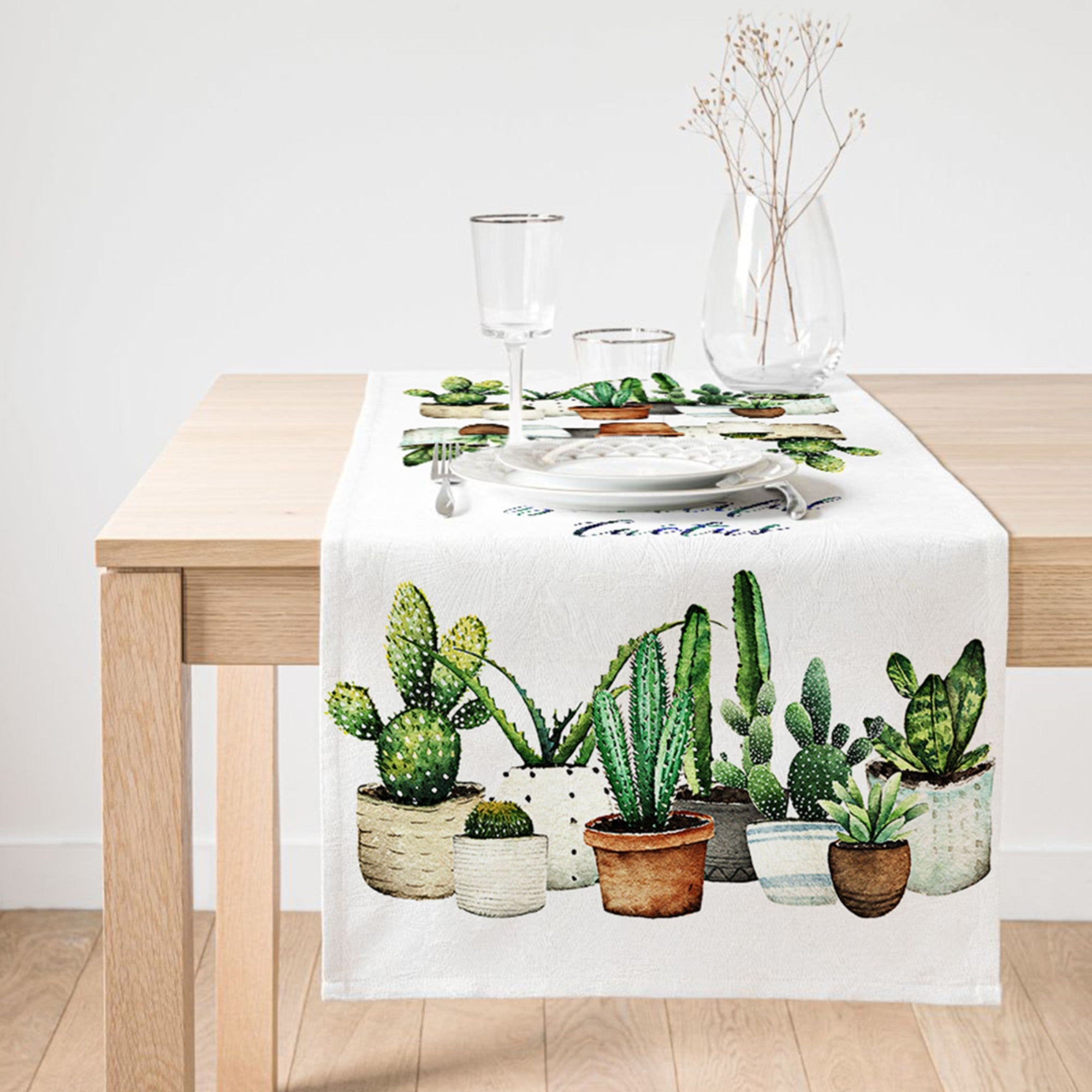 Cactus Design Outdoor Table Runner featuring vibrant colors and a beautiful cactus print, perfect for outdoor dining.