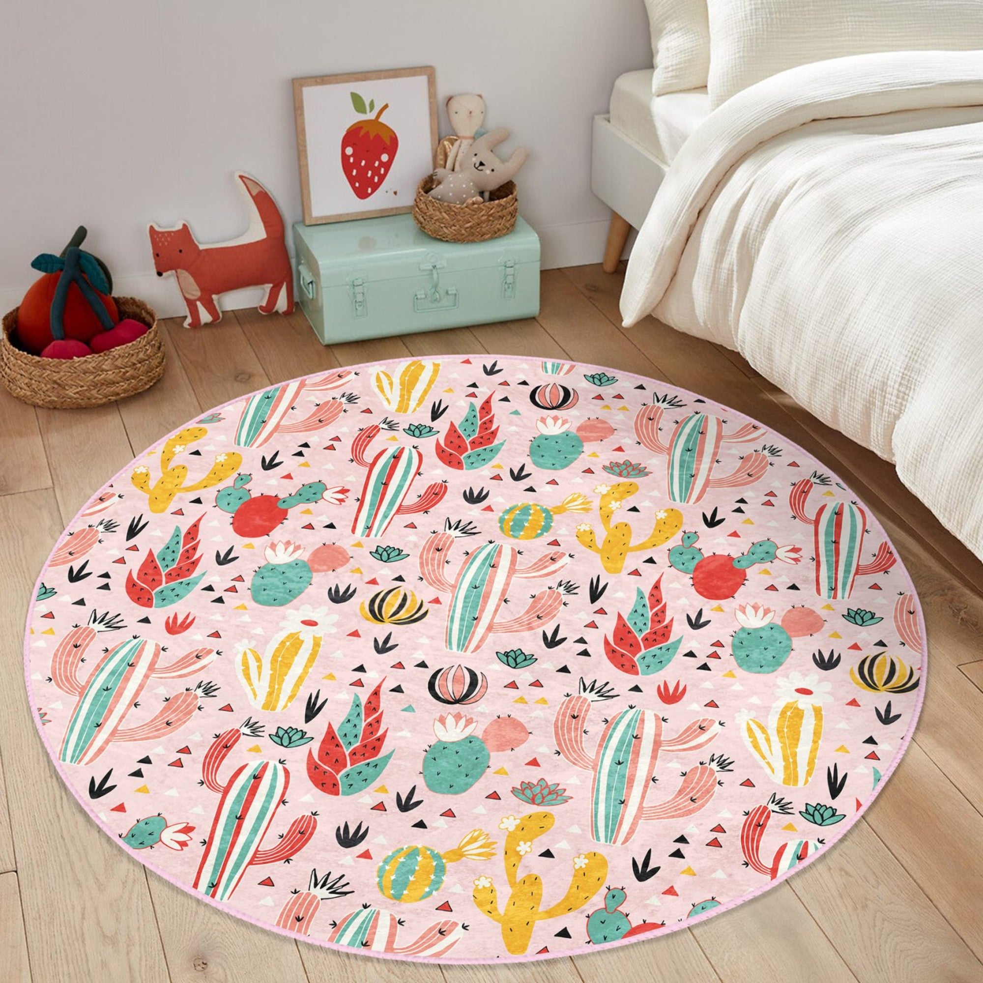 Cactus Pattern Home Decorative Washable Round Rug showcasing vibrant colors and soft texture, perfect for enhancing home decor.