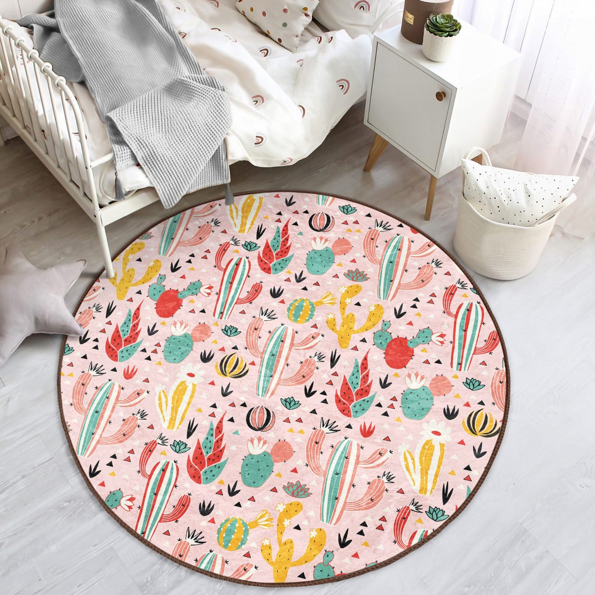 Cactus Pattern Home Decorative Washable Round Rug showcasing vibrant colors and soft texture, perfect for enhancing home decor.