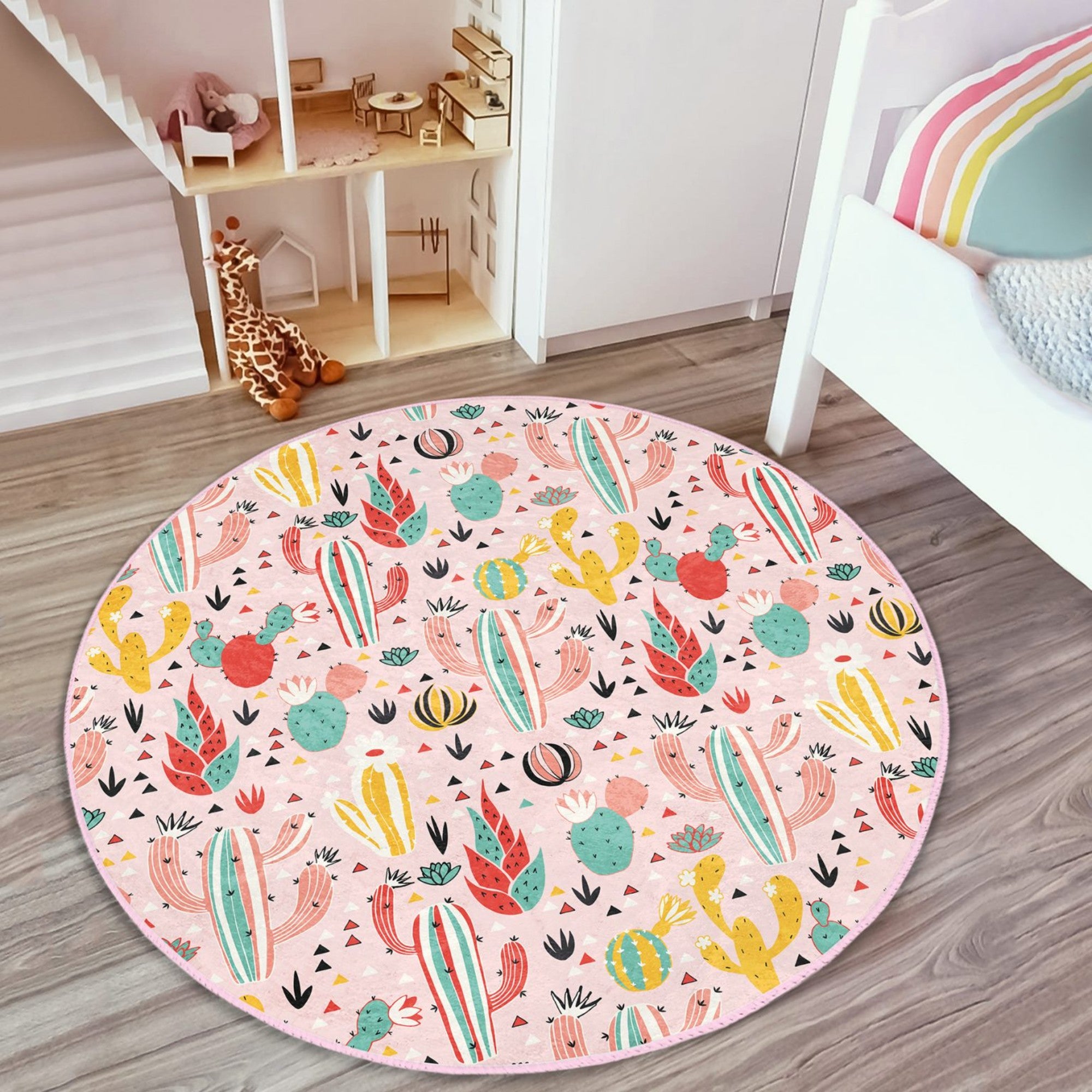 Cactus Pattern Home Decorative Washable Round Rug showcasing vibrant colors and soft texture, perfect for enhancing home decor.