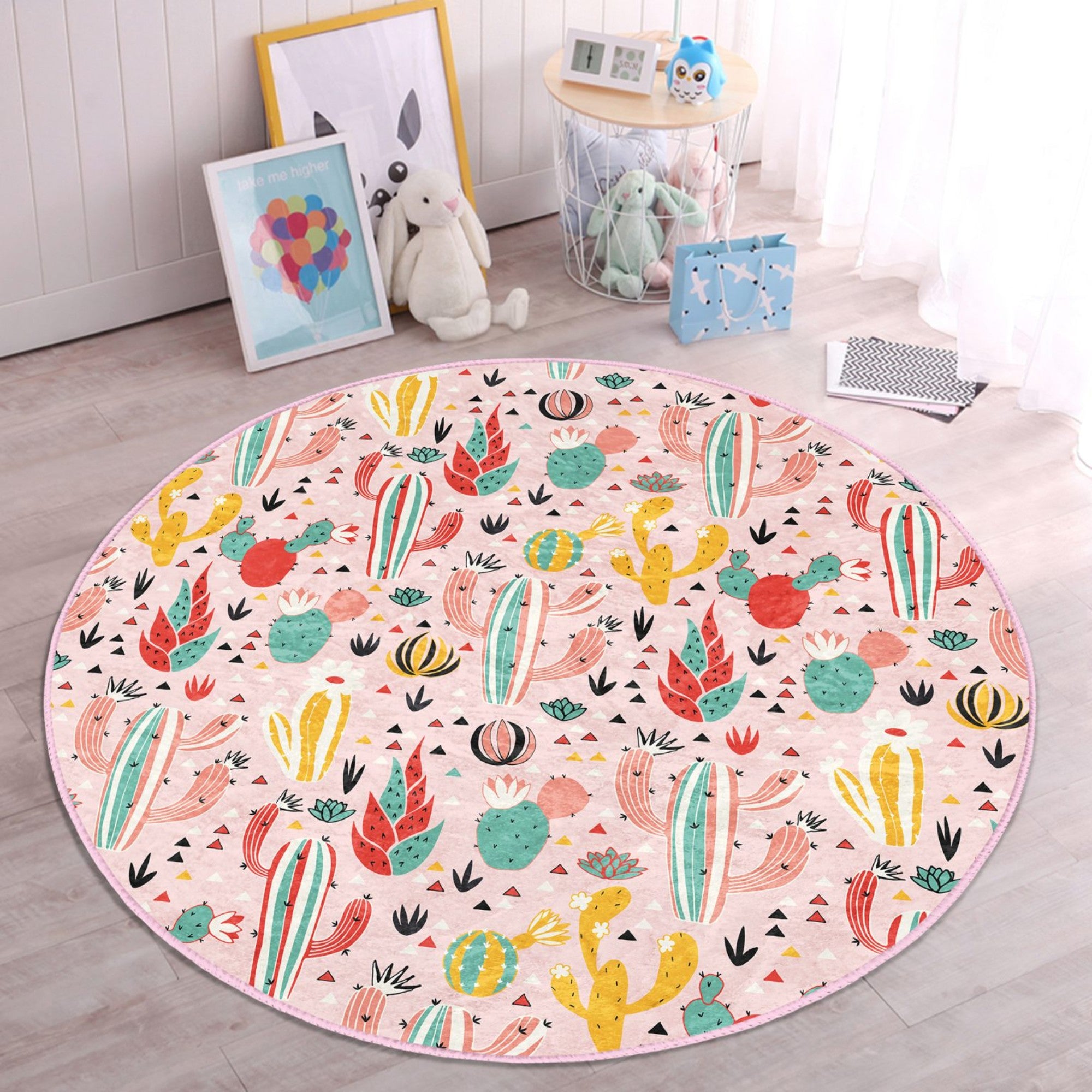 Cactus Pattern Home Decorative Washable Round Rug showcasing vibrant colors and soft texture, perfect for enhancing home decor.