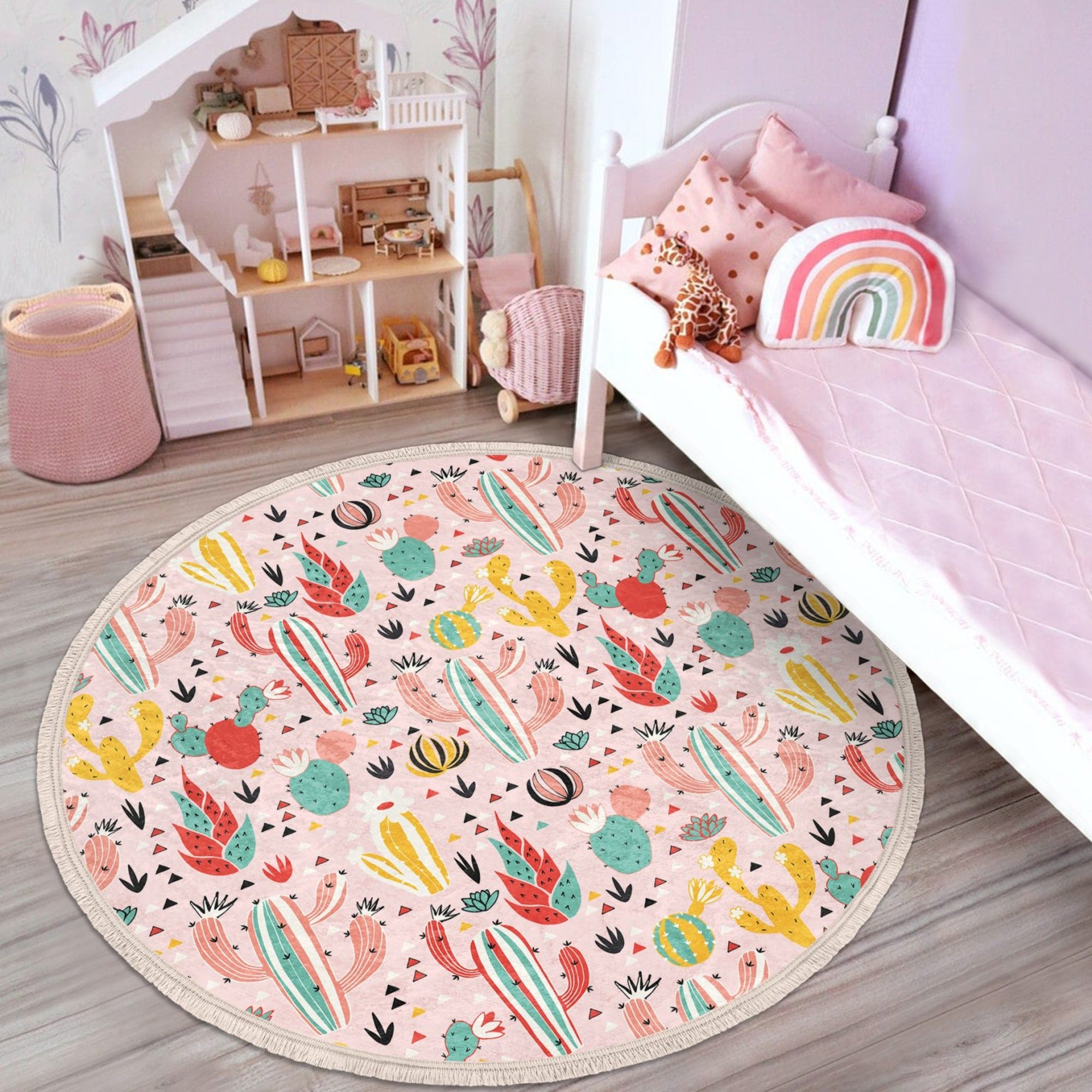 Cactus Printed Decorative Round Rug featuring a vibrant floral design, perfect for kids' rooms, with fringes and a soft velvet texture.