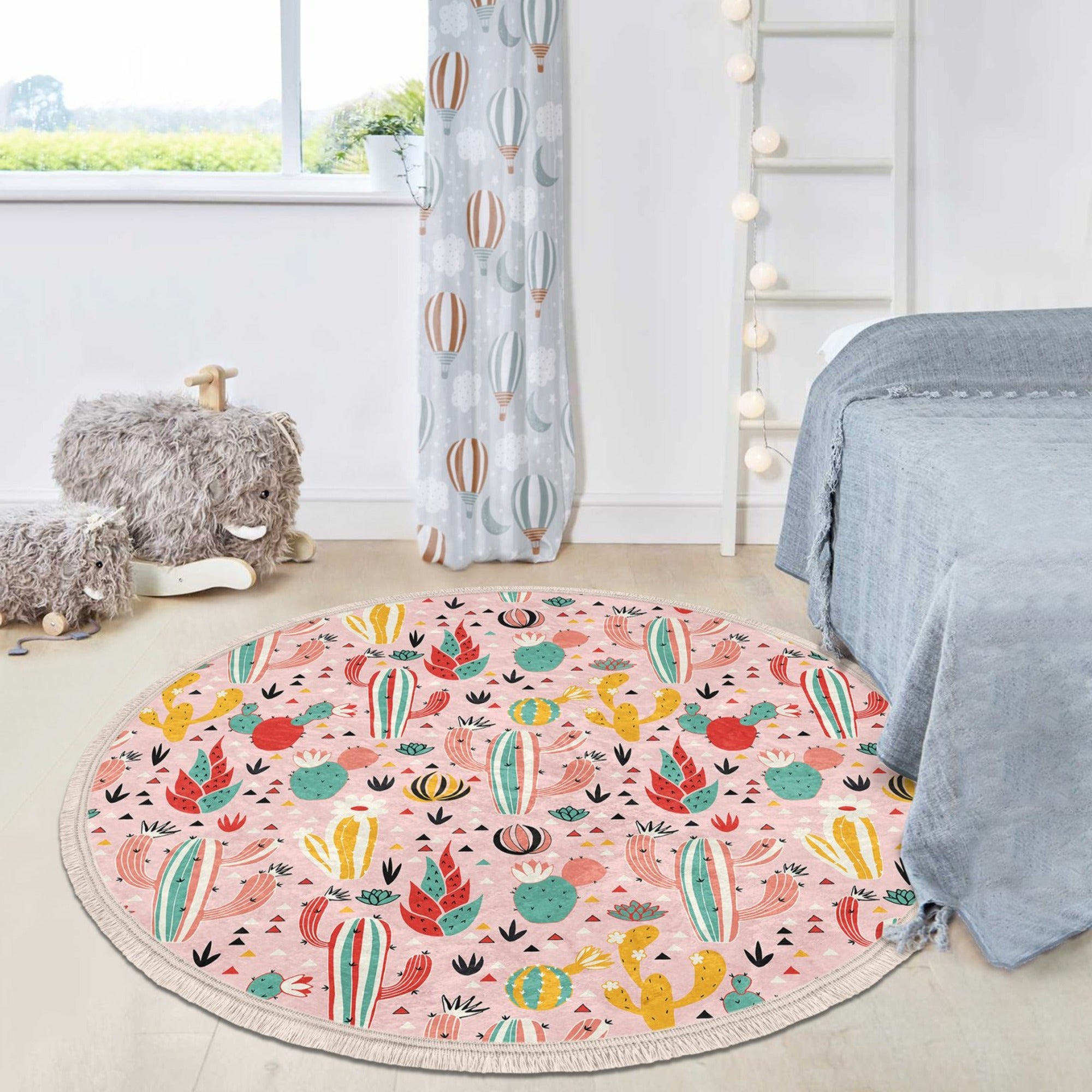 Cactus Printed Decorative Round Rug featuring a vibrant floral design, perfect for kids' rooms, with fringes and a soft velvet texture.