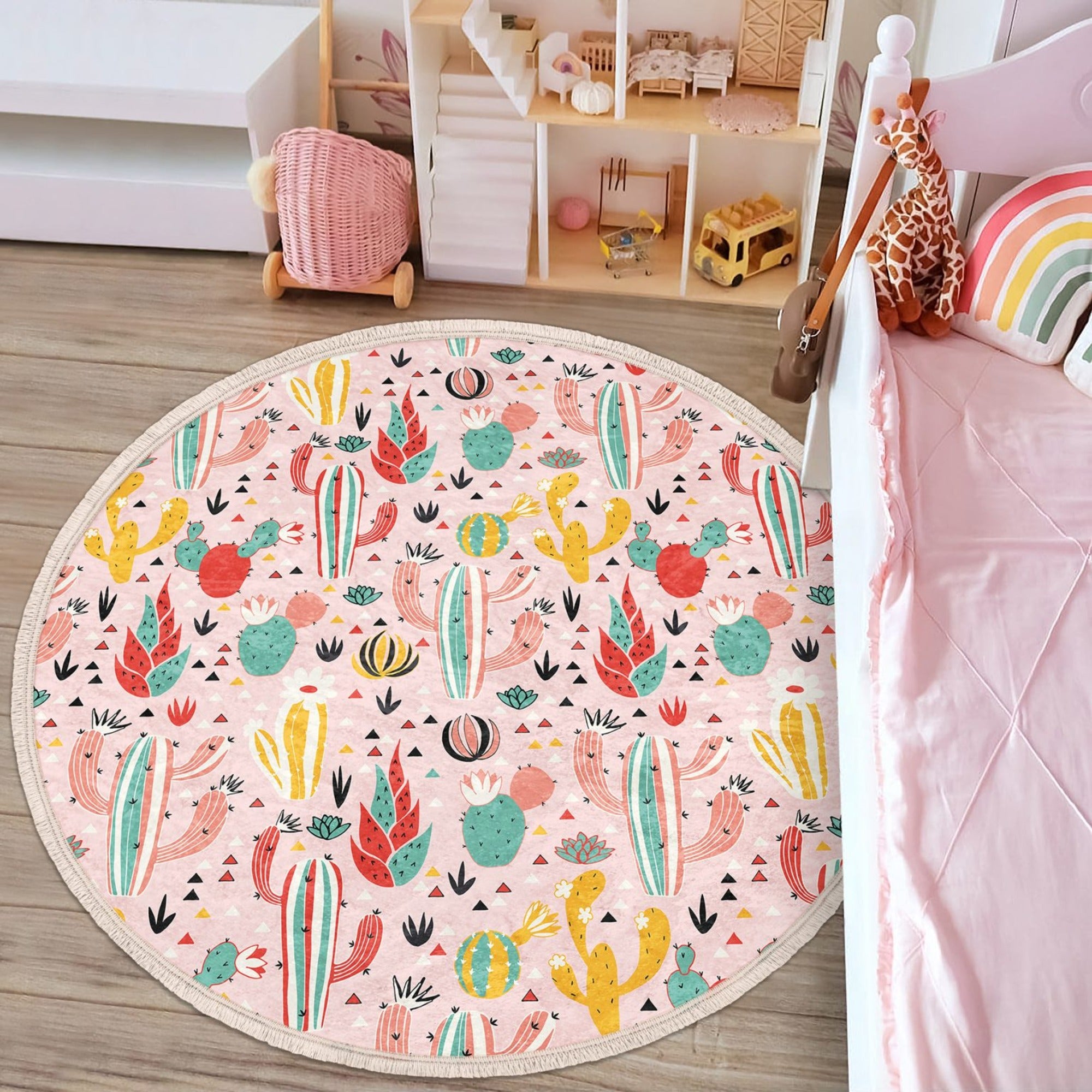 Cactus Printed Decorative Round Rug featuring a vibrant floral design, perfect for kids' rooms, with fringes and a soft velvet texture.