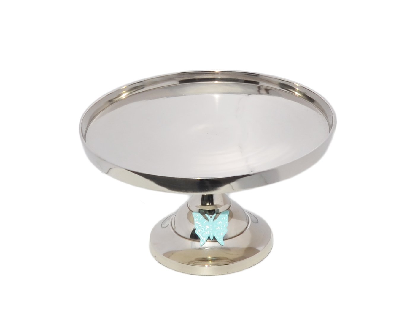 Elegant 10-inch cake stand featuring a turquoise butterfly design, handcrafted from aluminum with a silver finish, perfect for displaying cakes and desserts.