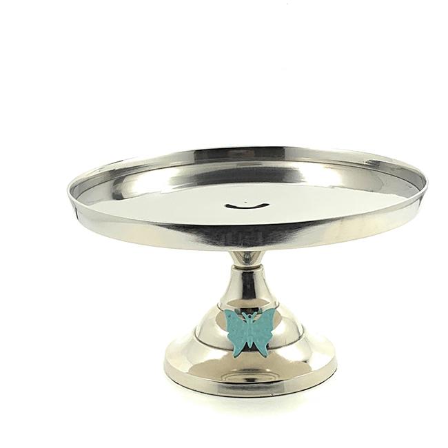 Elegant 10-inch cake stand featuring a turquoise butterfly design, handcrafted from aluminum with a silver finish, perfect for displaying cakes and desserts.