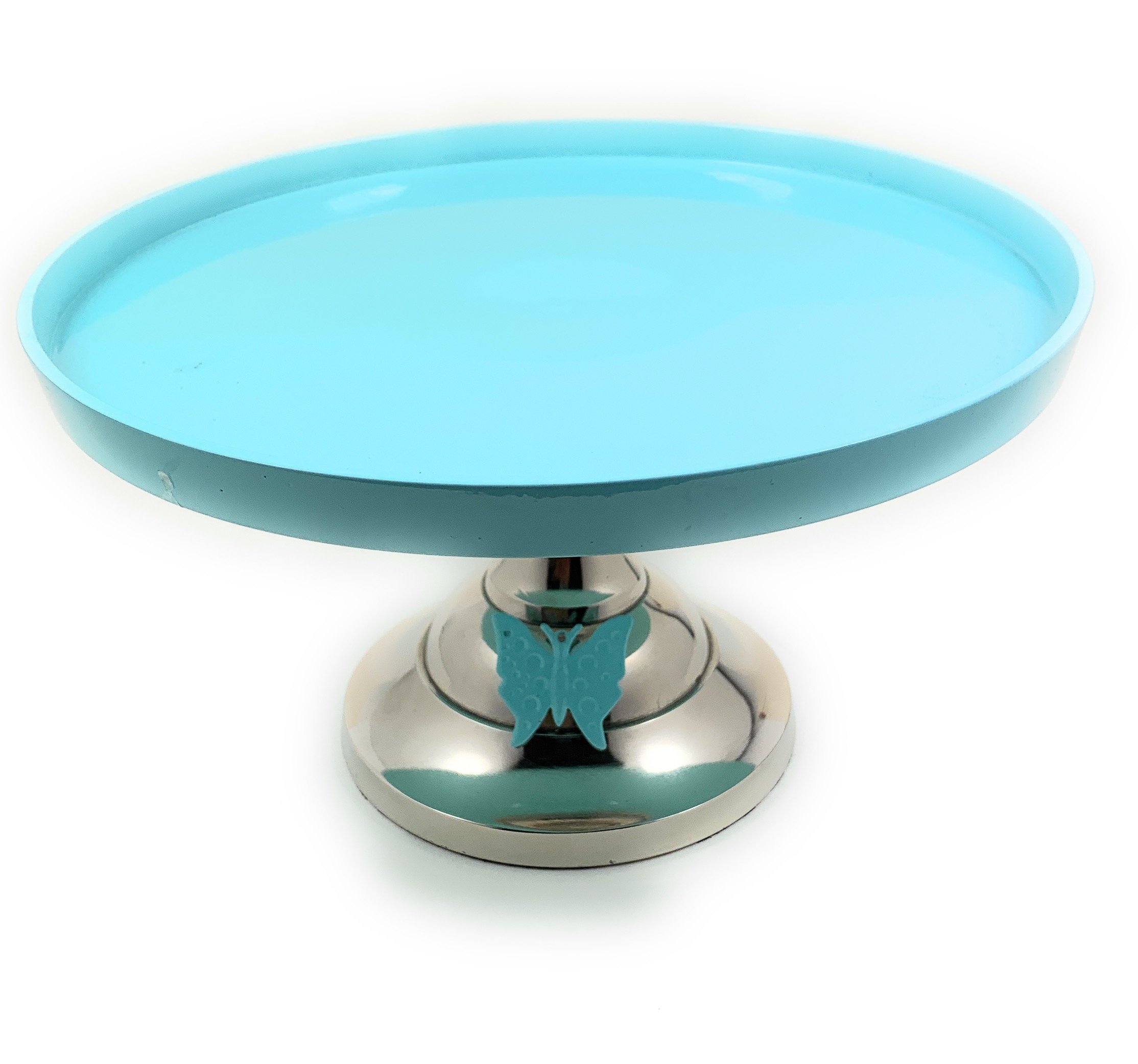 Turquoise cake stand with butterfly design, showcasing a 10-inch cake, perfect for elegant displays.