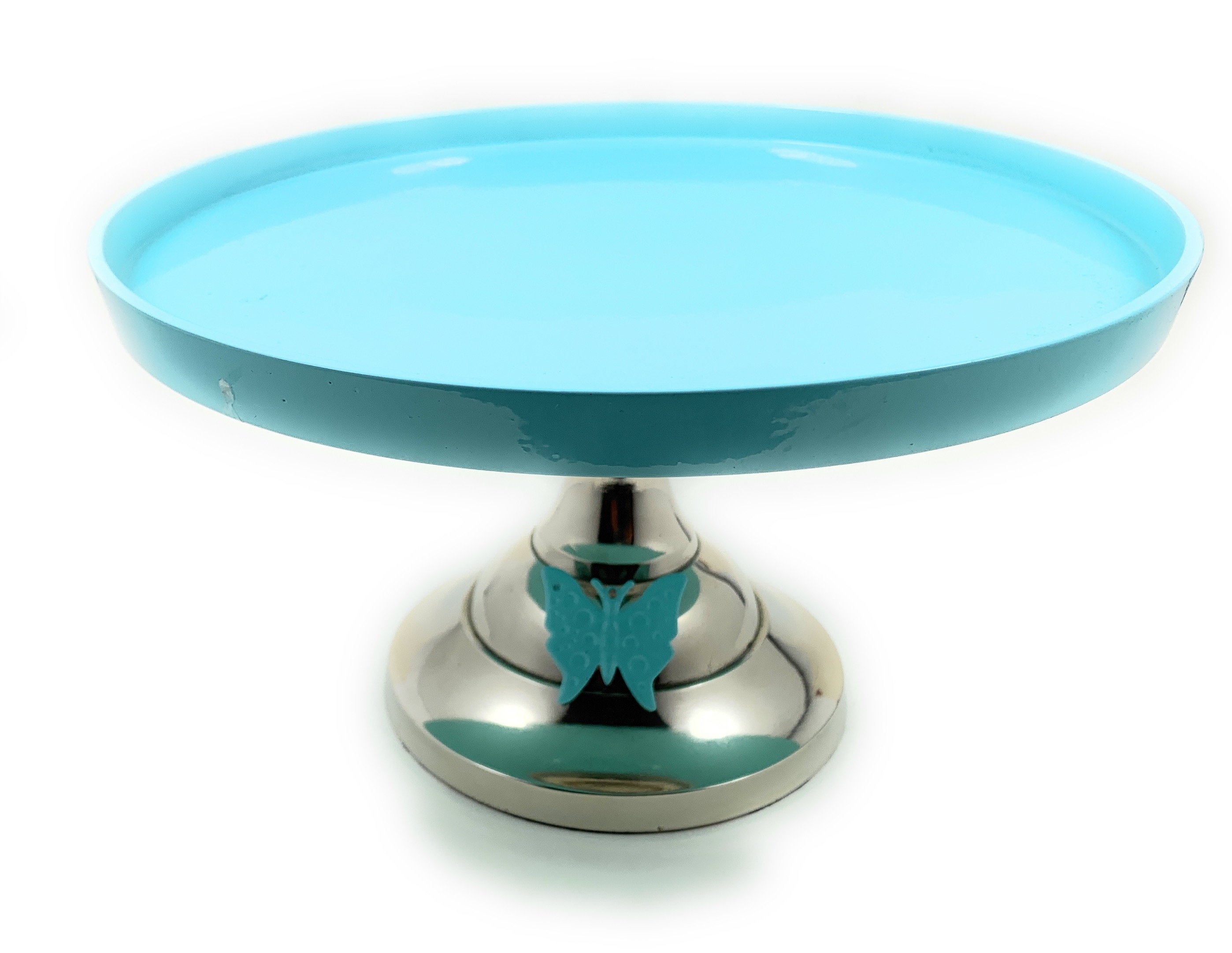 Turquoise cake stand with butterfly design, showcasing a 10-inch cake, perfect for elegant displays.