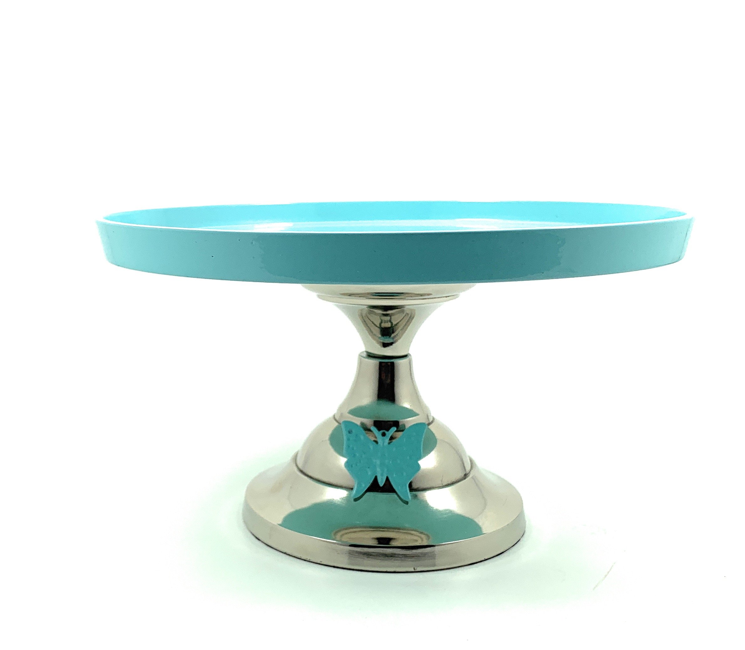 Turquoise cake stand with butterfly design, showcasing a 10-inch cake, perfect for elegant displays.