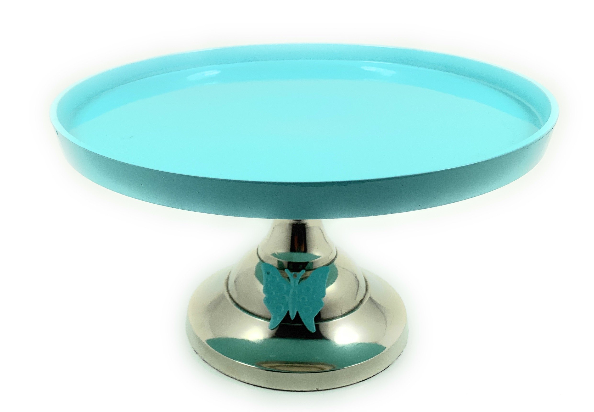 Turquoise cake stand with butterfly design, showcasing a 10-inch cake, perfect for elegant displays.