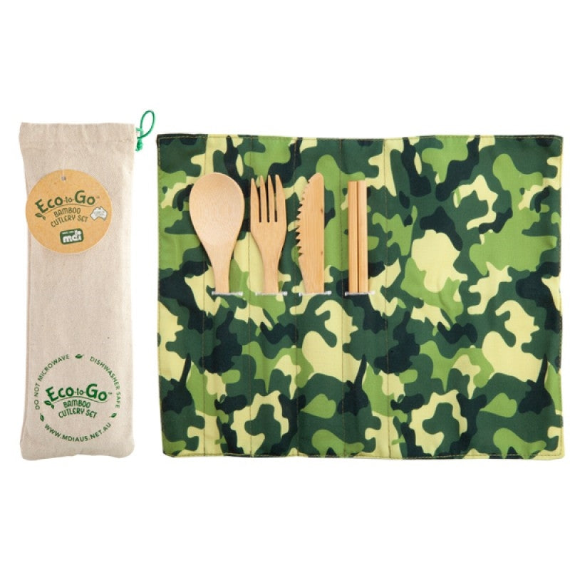 Camo Eco-to-Go Bamboo Cutlery Set featuring spoon, knife, fork, chopsticks, and a travel wrap with a green camo pattern.