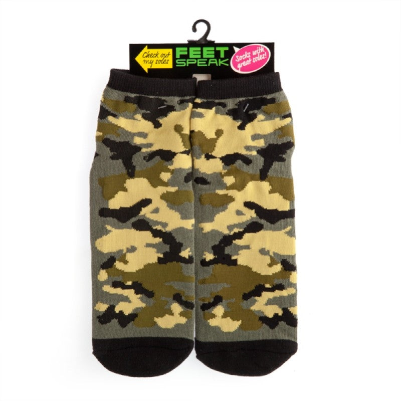 Camo Feet Speak Socks featuring a woodland camo pattern with anti-slip military stencil words on the bottom.