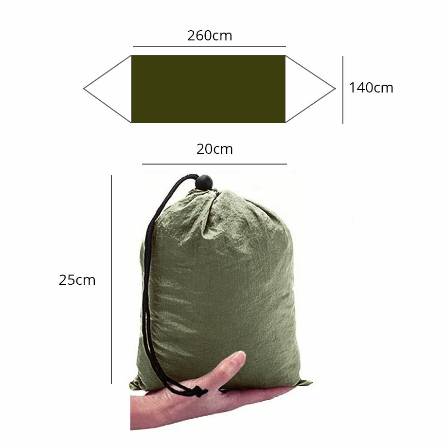 Camping hammock with built-in mosquito net, showcasing its spacious design and durable parachute nylon fabric.