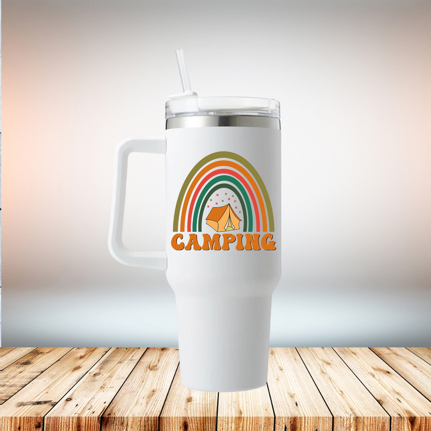 Camping Rainbow 40oz Travel Mug in white stainless steel with removable handle and straw-friendly lid.